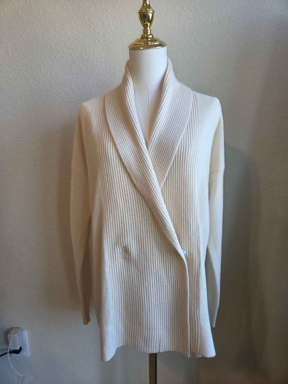 Ann Taylor Wool Cashmere Cream Ribbed Shawl-Collar Open Cardigan Size S